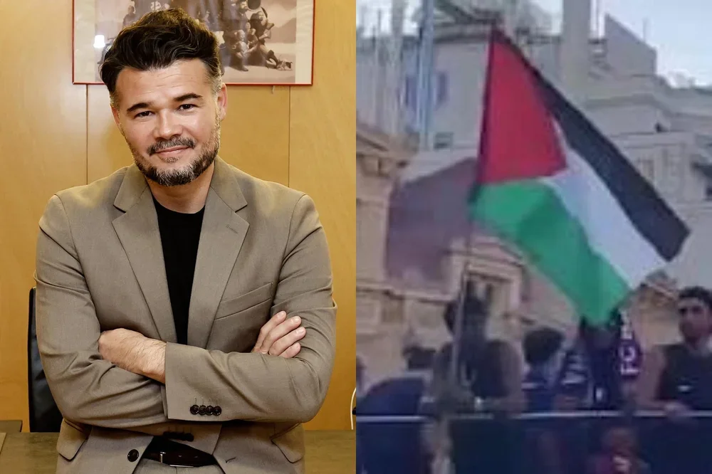 Montaje de una foto de Gabriel Rufián y otra de Lamine Yamal ondeando la bandera de Palestina.